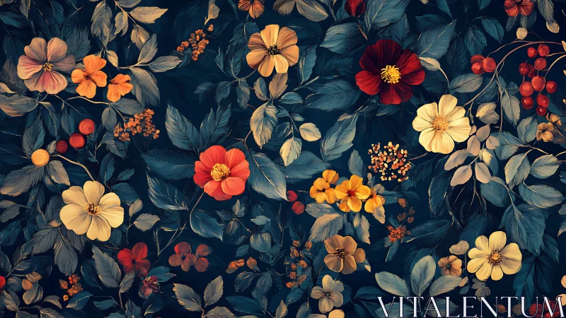 Dark Floral Pattern with Orange, Red, and Yellow Blooms.