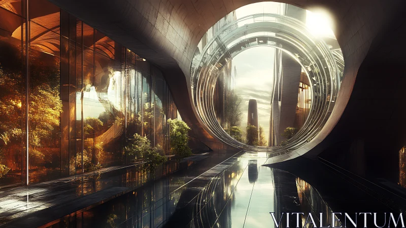 Futuristic underground tunnel with circular portal and water reflection