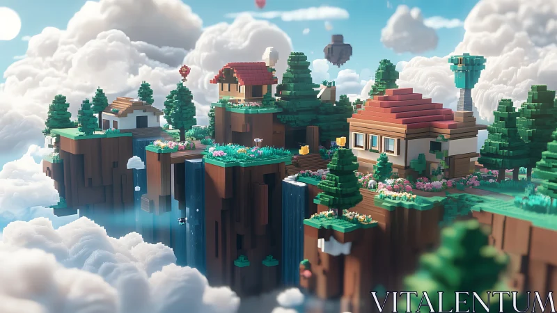 Pixel Art Floating Islands with Cottages and Clouds