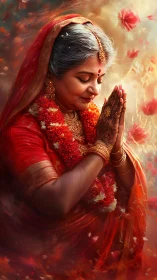 Devotional Indian elder in red sari with folded hands.