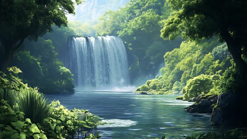 Illuminated Cascade Through Verdant Forest Valley with Turquoise Basin