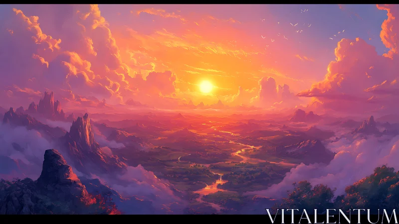 Radiant fantasy sunrise pours light across misty valleys