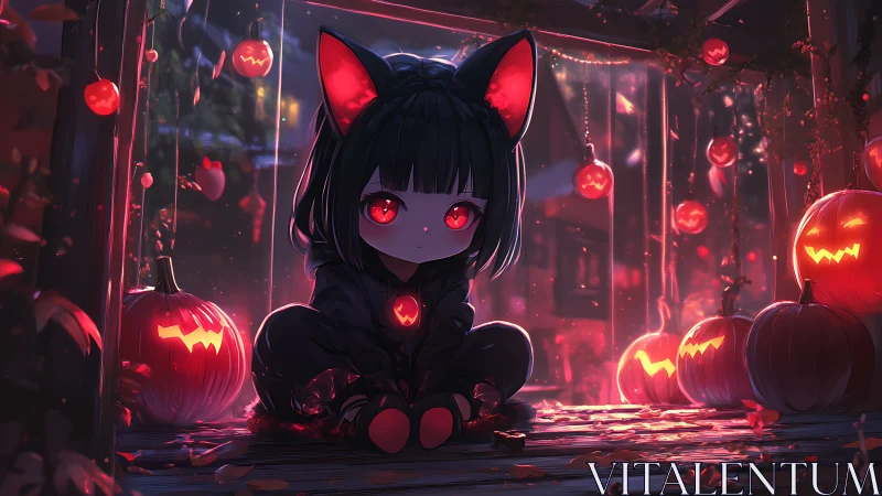 Midnight neko witch glows amid crimson jack-o’-lantern haze.