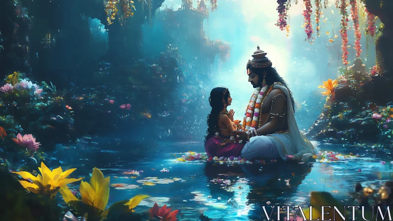 Divine figures seated in floral water garden environment.