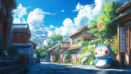 Cute robot character in sunny traditional Japanese street