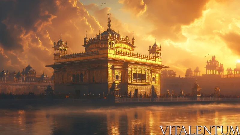 Sun-drenched golden temple adrift in glowing dawn mist.