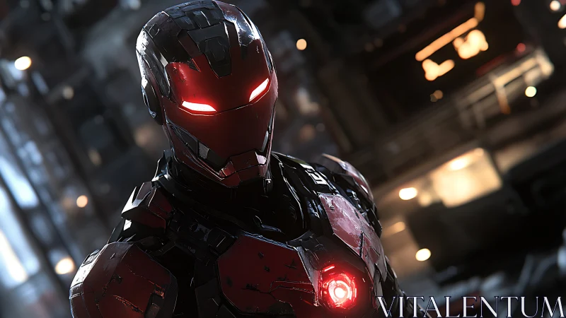 Red armored combat exosuit with illuminated HUD optics, bokeh hangar