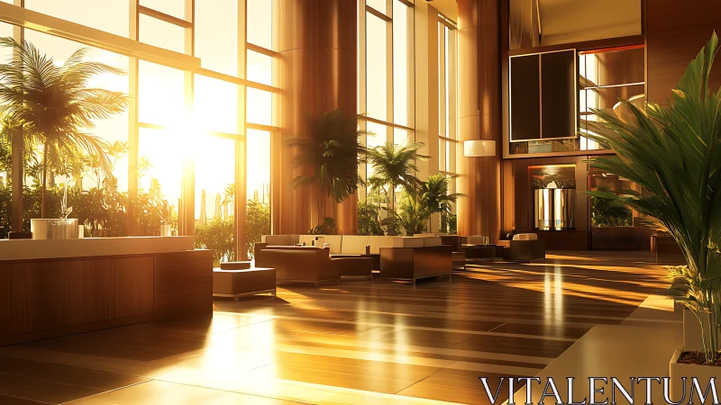 Sunlit luxury lobby with towering glass and warm wood.