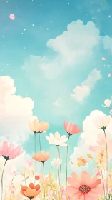 Spring Meadow Under Turquoise Sky with Floating Petals.