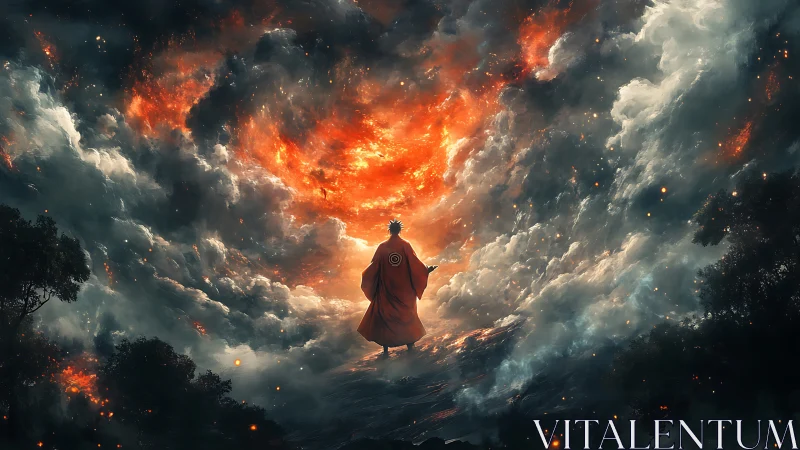 Monastic figure confronting vortex of incendiary storm clouds.
