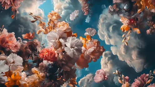 Suspended flowers and clouds composited against clear blue sky background.