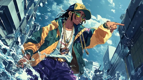 Streetwear rapper strides through rising urban water wave