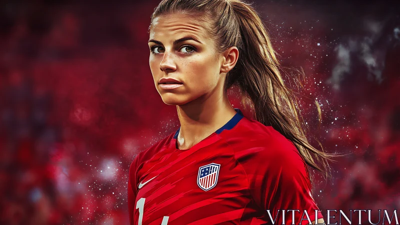 Focused soccer player portrait in vivid red stadium atmosphere