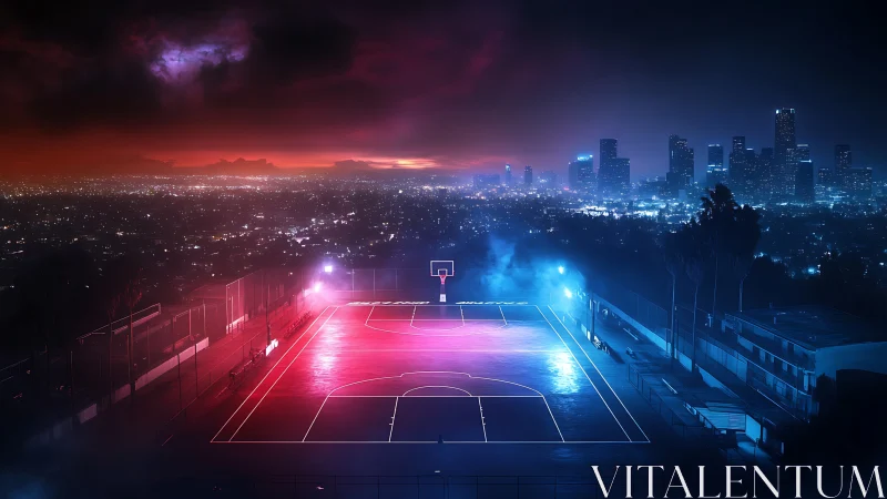 Urban basketball court divides cool and warm city skyline