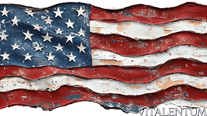 Textured American flag with distressed sculpted paint layers.