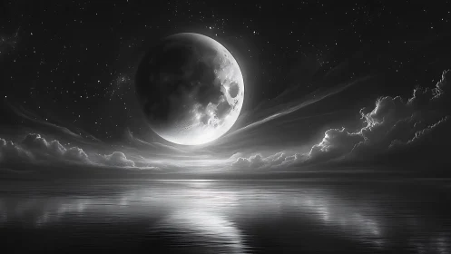 Monochrome moonrise over calm reflective ocean horizon.