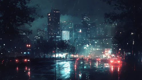 Nocturnal rain-soaked arterial street with neon skyline reflections.