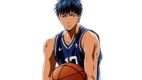 Focused anime guard grips basketball on bright white ground.
