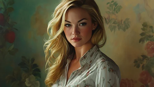 Blonde woman portrait against floral painted backdrop.