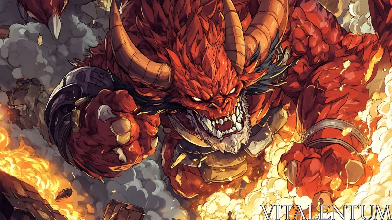 Fiery horned beast charges forward through smoke and flame