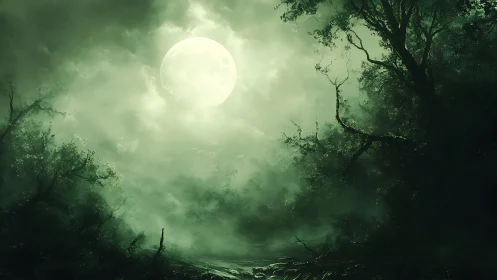 Backlit lunar mist envelops dense forest canopy in monochrome green