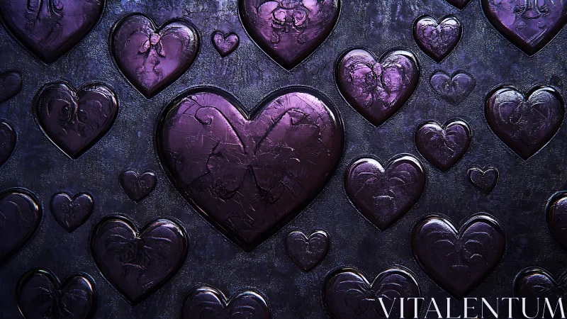 Embossed purple hearts against textured dark surface