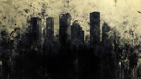 Decayed monochrome city skyline in textured grunge silhouette.