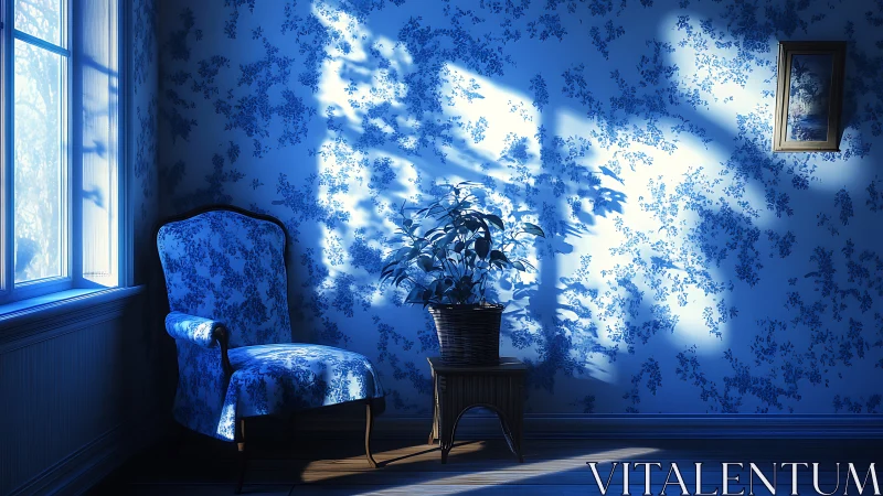 Interior corner with chair, plant and window in blue light.