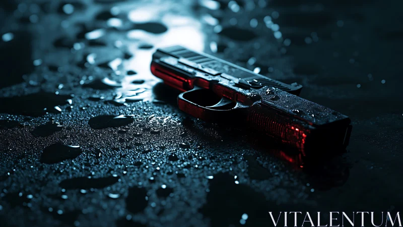 Wet semi-automatic pistol on reflective surface in teal rim light.