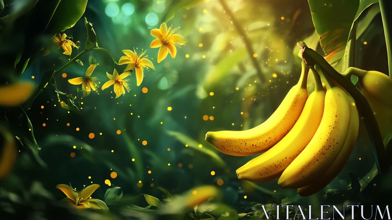 Ripe banana cluster rendered in luminous tropical digital painting