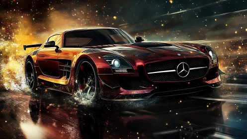 Mercedes sports coupe rendering on reflective wet roadway.