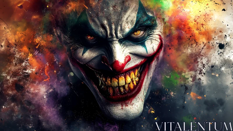 Intense clown portrait glowing with chaotic color energy.