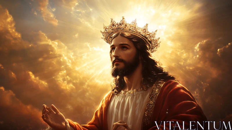 Radiant crowned figure gazes heavenward in golden light