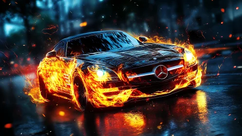 Mercedes luxury sedan engulfed in orange flames with digital particle effects