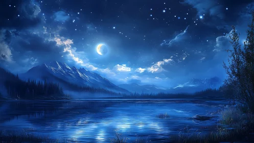 Moonlit alpine lake under deep blue starry night sky.