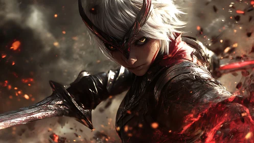 Armored white-haired warrior framed by molten embers in dynamic lunge