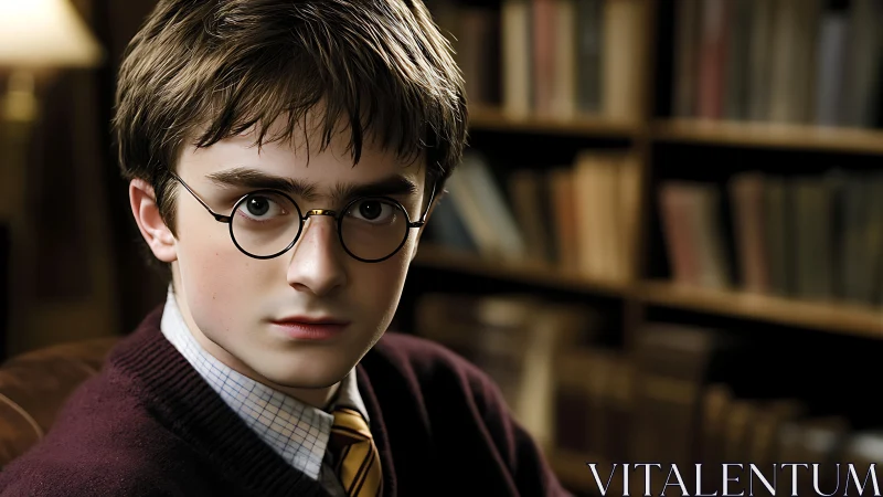 Thoughtful young student in a cozy, book filled library.