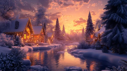 Snowy riverside cabins glow warmly beneath a winter sunset