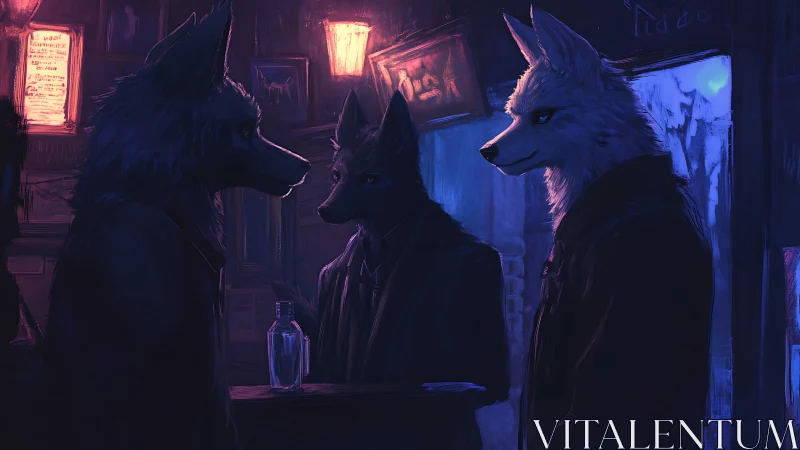 Anthro wolves share a tense midnight meeting in neon bar light