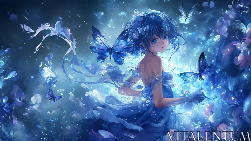 Luminous blue-haired girl amid ethereal butterfly bloom.