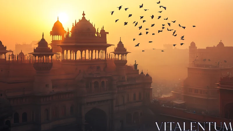Sunlit Mughal-style palace skyline in warm urban haze.