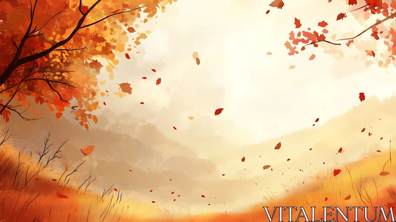 Golden autumn hillside drifts gently into a warm, hazy sky