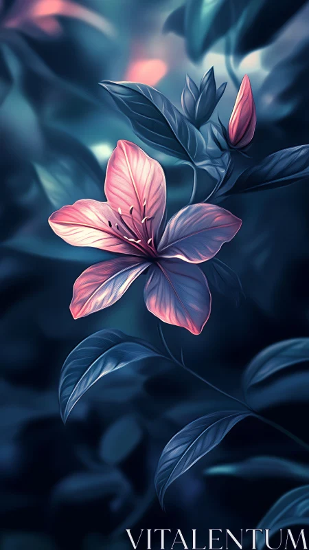 Luminescent Pink Flower with Dynamic Blue Foliage Study.