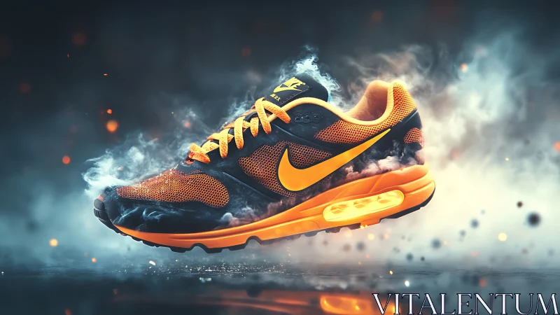 High contrast orange running shoe in smoky kinetic suspension