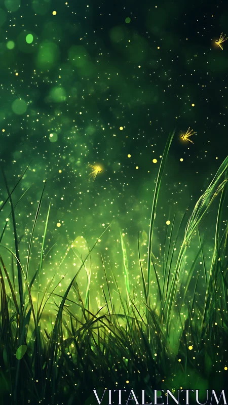 Firefly meadow illuminated with glowing green bokeh light.