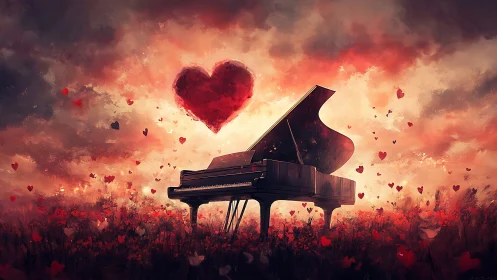 Romantic grand piano under glowing heartlit sky