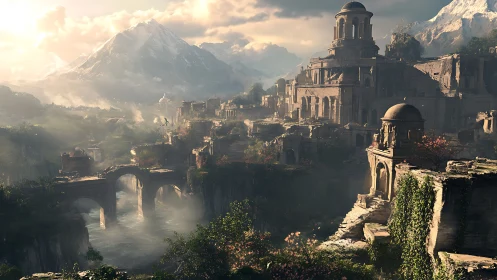 Sunlit mountain citadel crowns misted river gorge. Period.