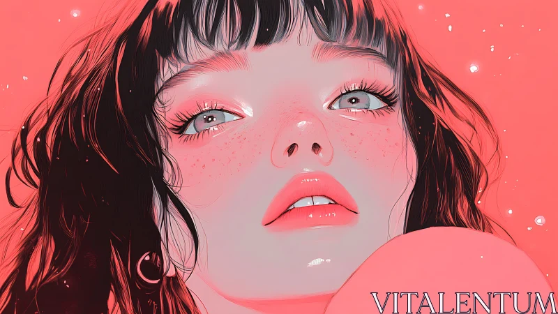 Digital painting close-up portrait in vibrant coral palette.