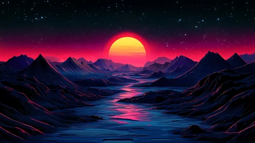Neon sun descends over a surreal alien river valley
