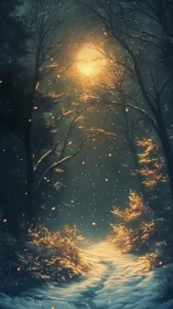 Snowy forest path under warm glowing winter light.